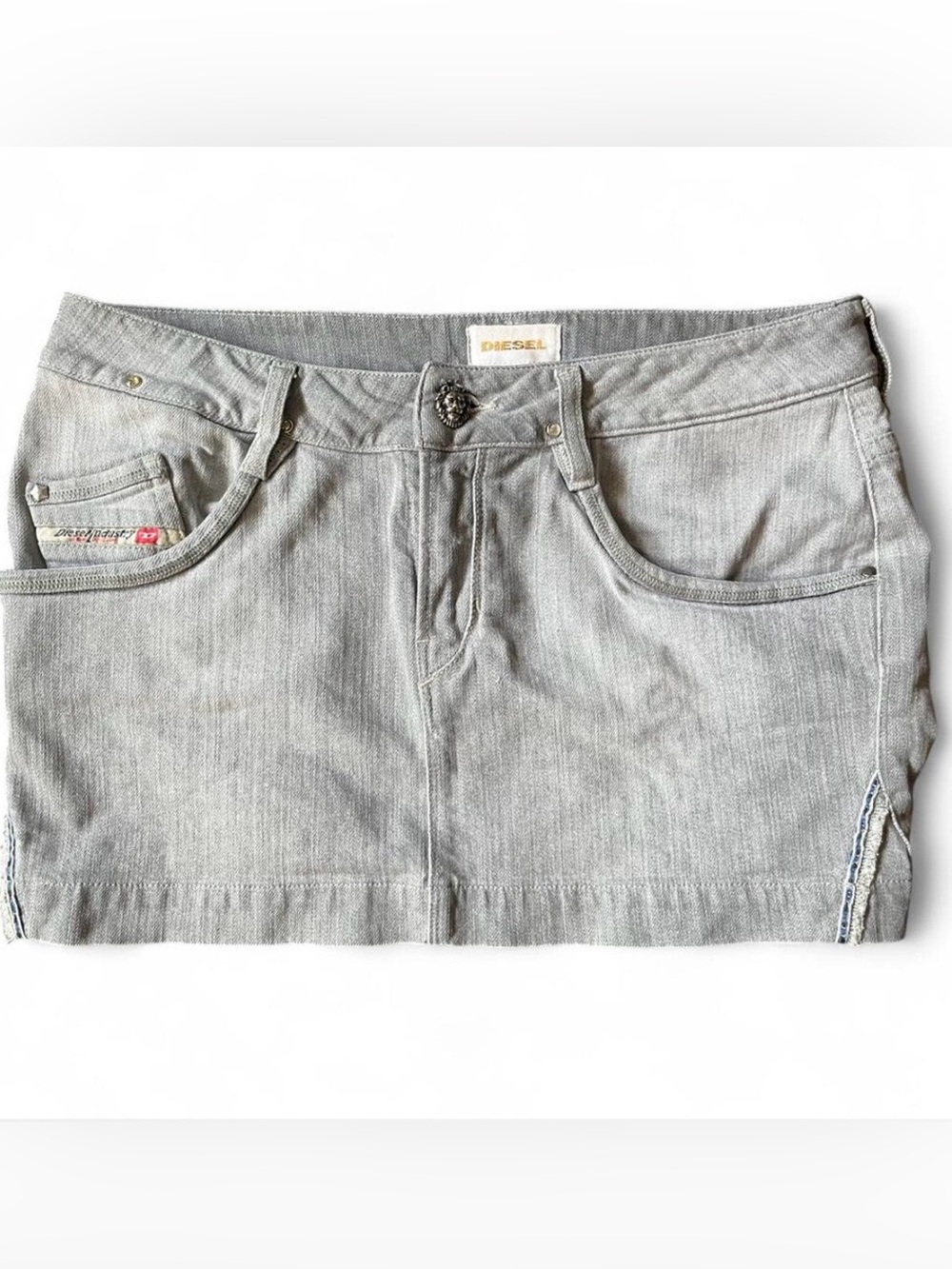 Diesel Gray Denim Mini Skirt with Lion Button Detail